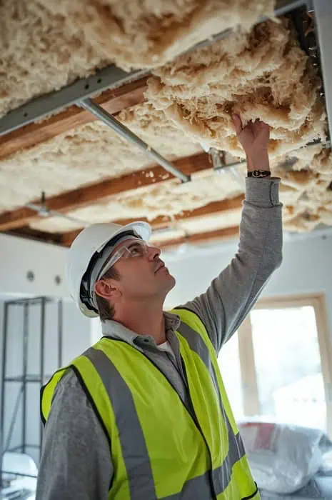 Um trabalhador da construção civil com capacete e colete de segurança inspeciona o material de isolamento num teto em renovação.