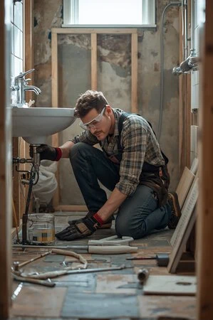 Uma pessoa ajoelha-se num chão de azulejos, reparando o encanamento debaixo de um lavatório numa casa de banho parcialmente renovada, rodeada de ferramentas e materiais.