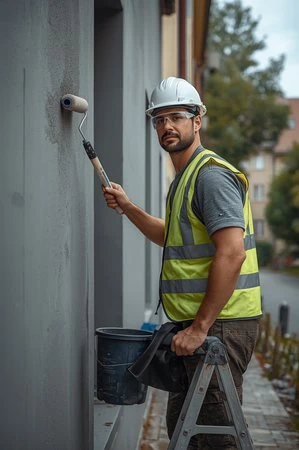 Um operário da construção civil, usando capacete e colete de segurança, pinta uma parede cinzenta com um rolo, em cima de uma escada ao lado de um balde de tinta.