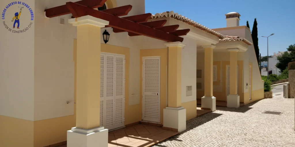 Alpendre renovado de uma moradia com colunas e pérgula em madeira, mostrando o resultado final da pintura exterior e a palete de cores escolhida.